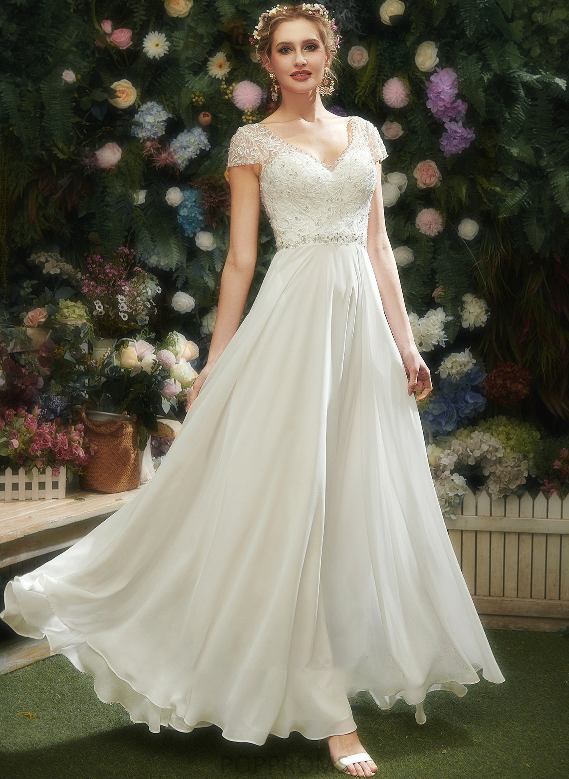 V-neck Sequins Wedding Floor-Length With Dress Beading A-Line Lace Angel Wedding Dresses