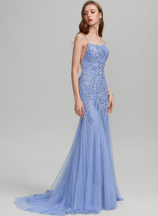 Neckline Train Sweep Square Kimora With Trumpet/Mermaid Prom Dresses Tulle Sequins