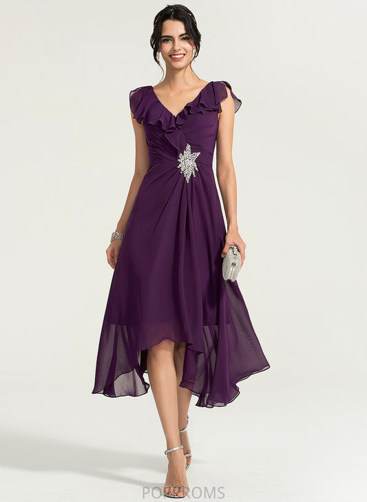 V-neck With Asymmetrical A-Line Cocktail Beading Janiya Chiffon Dress Cocktail Dresses