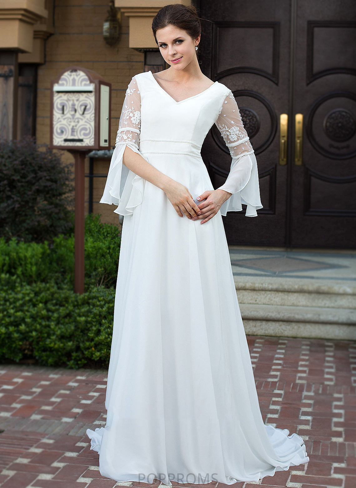 Dress Wedding Train A-Line Lace Kaleigh Chiffon Beading V-neck Court With Wedding Dresses