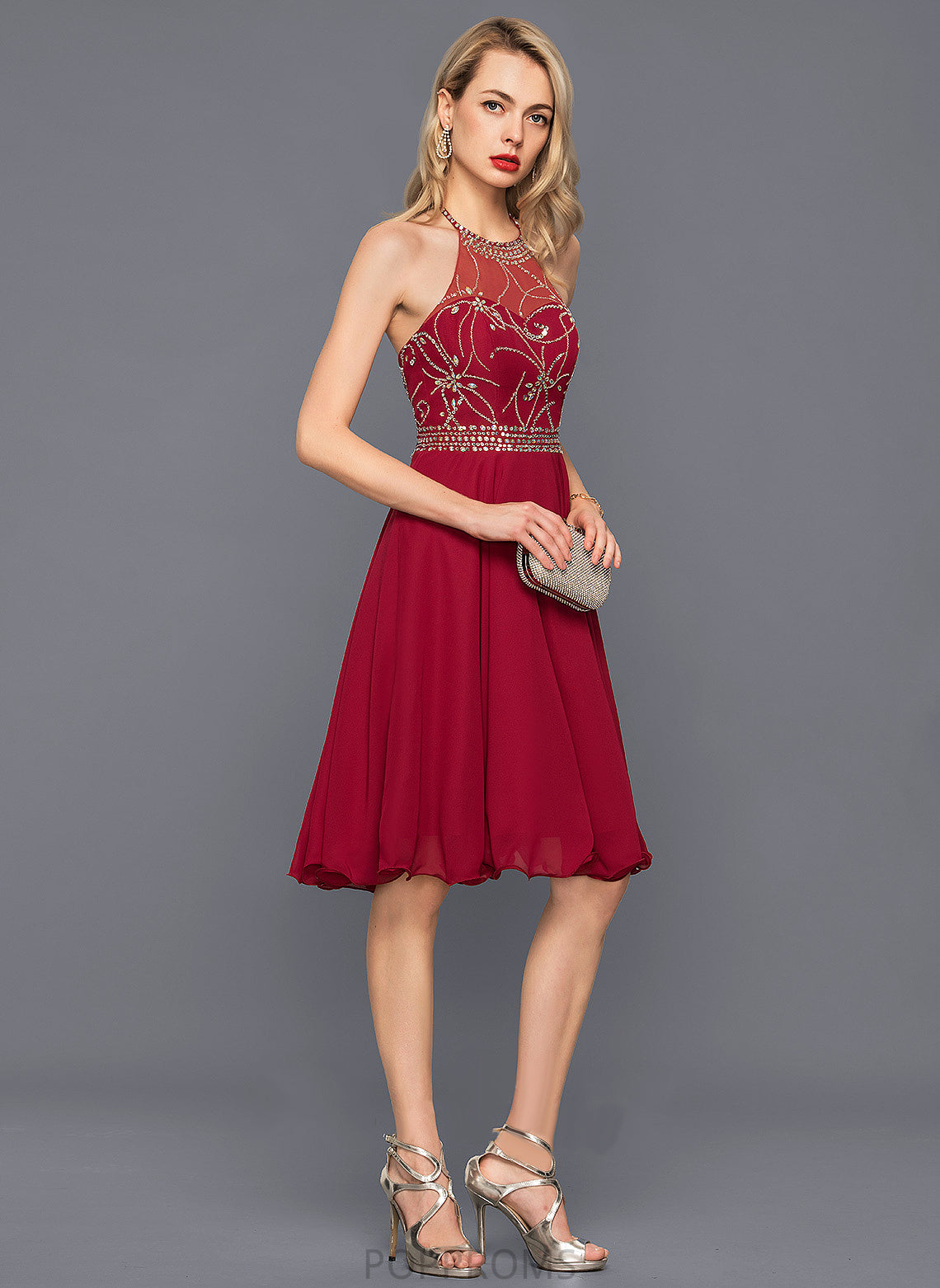 Chiffon Cocktail Beading Halter Cocktail Dresses Sequins Knee-Length Lana With Dress A-Line