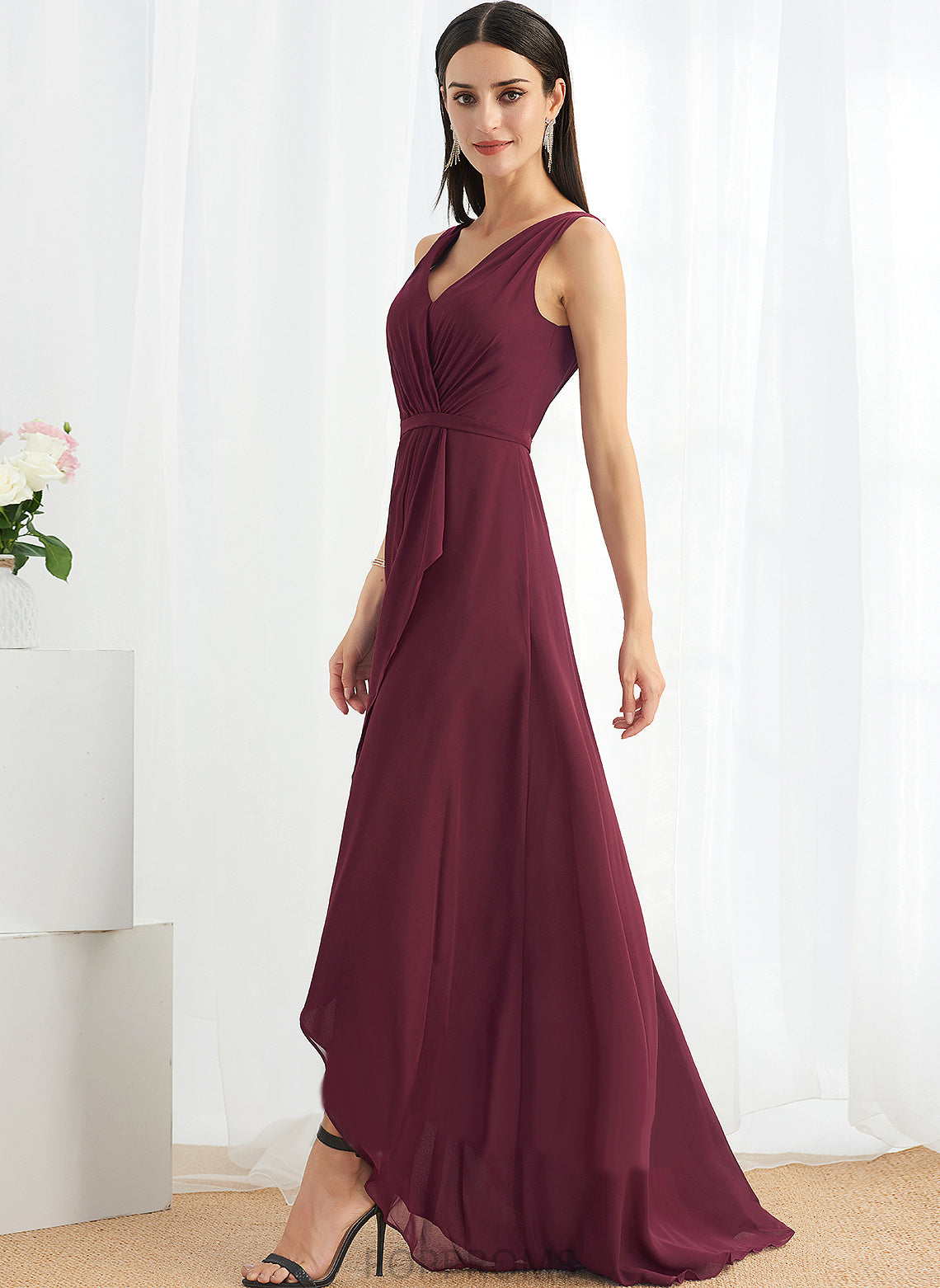 Embellishment V-neck Neckline SplitFront Fabric Silhouette Length A-Line Asymmetrical Karsyn A-Line/Princess Floor Length Bridesmaid Dresses