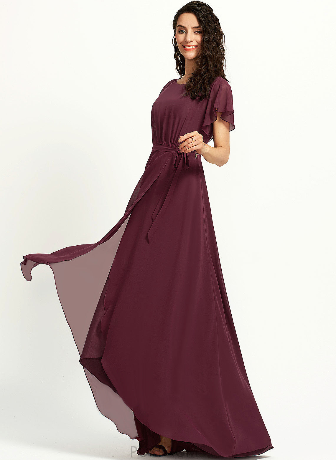 ScoopNeck Fabric Asymmetrical Neckline Embellishment A-Line Ruffle Length Silhouette Jakayla V-Neck Natural Waist Bridesmaid Dresses