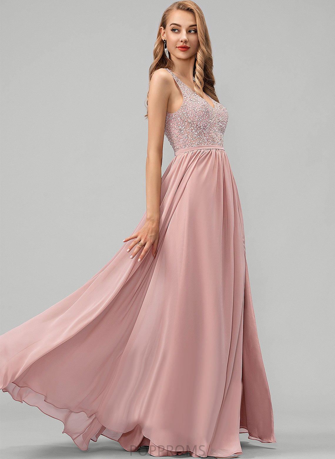 Beading Magdalena Chiffon With A-Line Sequins Floor-Length V-neck Prom Dresses