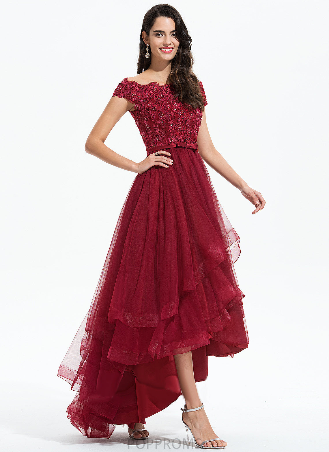 With Off-the-Shoulder A-Line Sequins Lace Tulle Asymmetrical Diya Beading Bow(s) Prom Dresses