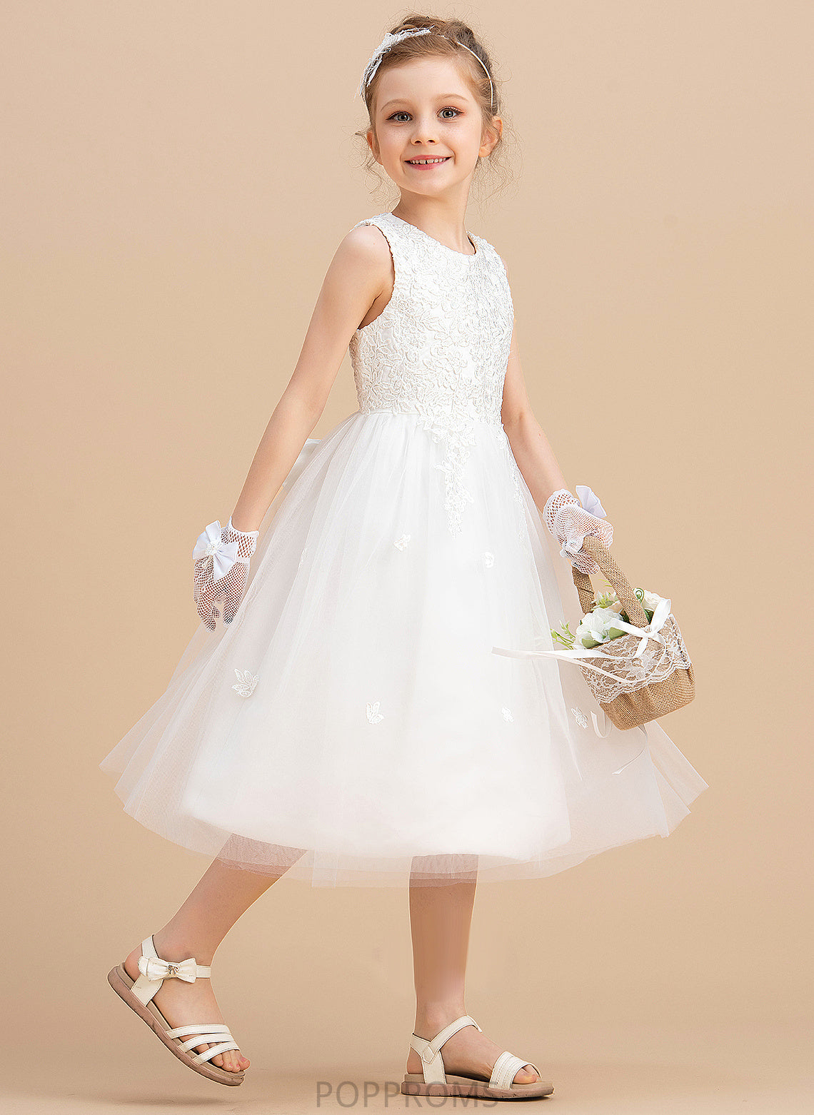 Girl Scoop Tea-length Bow(s) Neck Sleeveless A-Line Eva Satin/Tulle - With Flower Flower Girl Dresses Dress