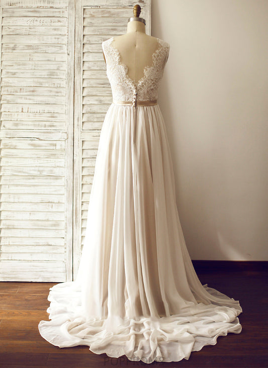 Wedding Wedding Dresses Train Aubrie Chiffon V-neck Court A-Line Dress