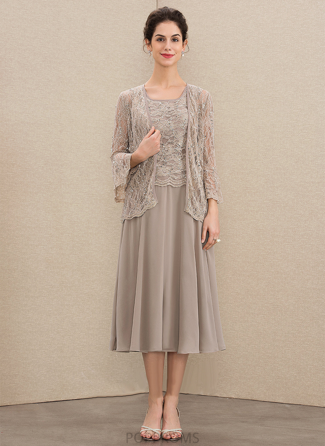 Dress the With of Neck Tea-Length A-Line Scoop Chiffon Sequins Mother Adrienne Mother of the Bride Dresses Bride Lace