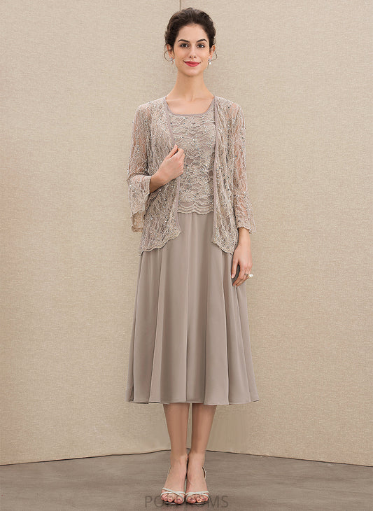 Dress the With of Neck Tea-Length A-Line Scoop Chiffon Sequins Mother Adrienne Mother of the Bride Dresses Bride Lace