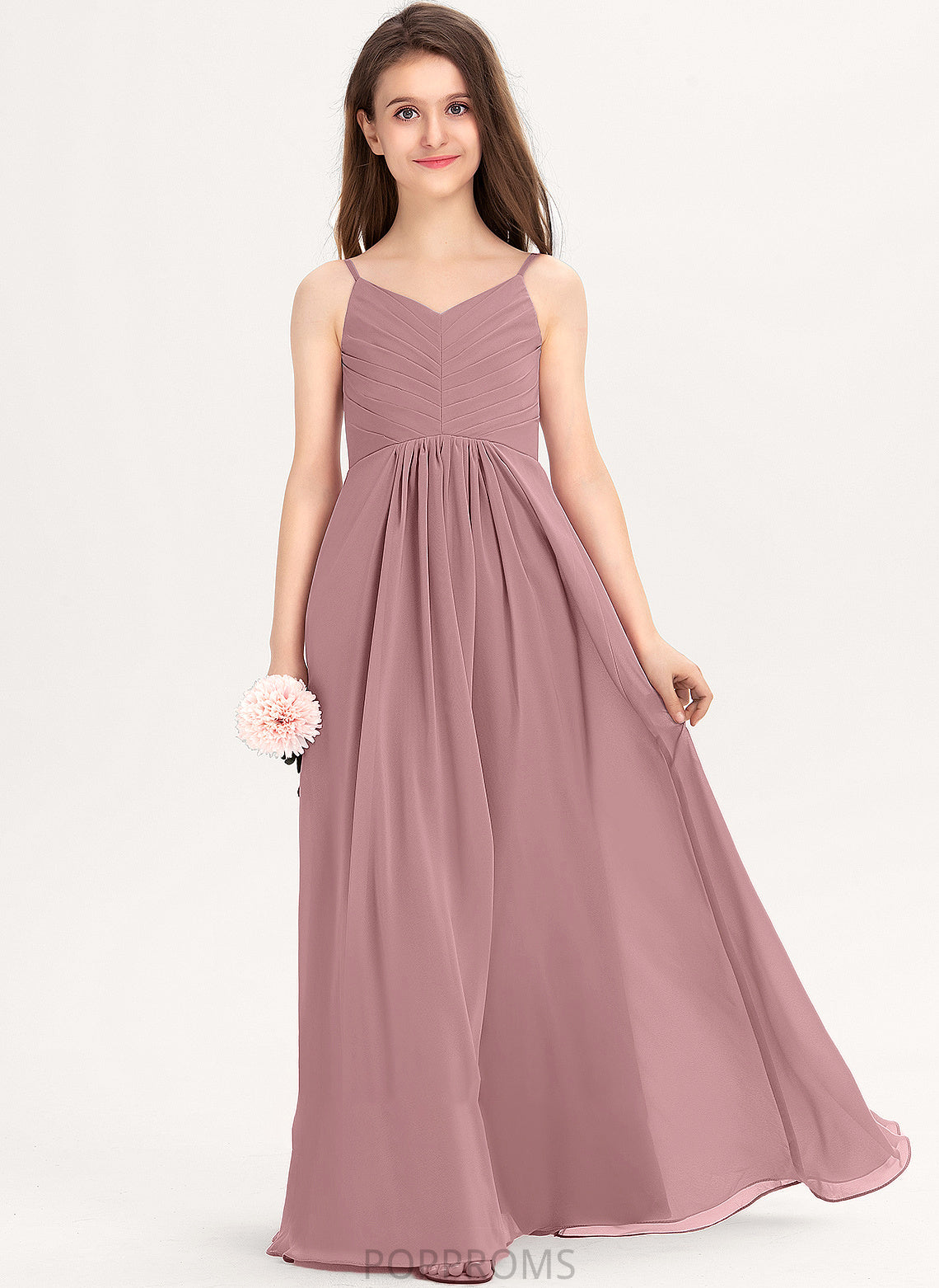 With Cassie Ruffle Chiffon A-Line Floor-Length Junior Bridesmaid Dresses V-neck