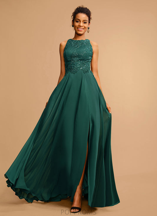 Neck Chiffon Split Prom Dresses Heidy Floor-Length Lace Scoop Sequins A-Line Front With