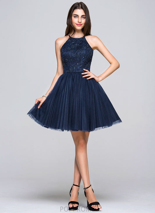 Pleated With Mavis Neck Bow(s) A-Line/Princess Prom Dresses Short/Mini Scoop Sequins Beading