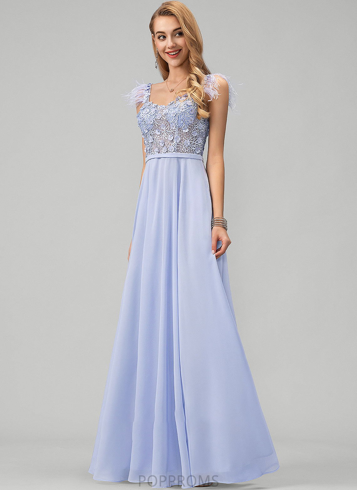 Crystal A-Line Chiffon V-neck Lace Feather Sequins Beading Flower(s) Floor-Length Prom Dresses With