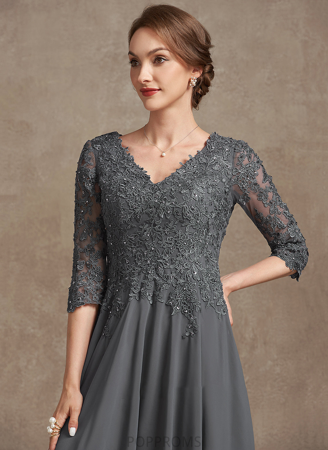 Bride Mother Sequins Chiffon Lace Dress A-Line the Tea-Length With V-neck Beading Mother of the Bride Dresses Wendy of