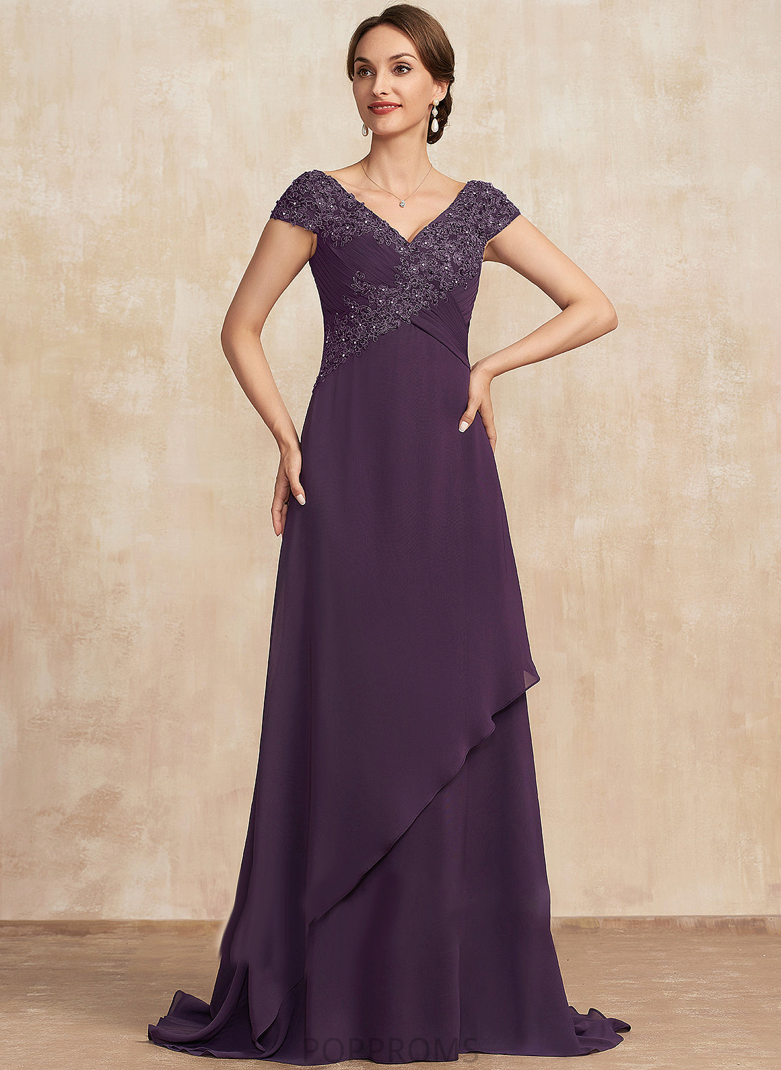 Sweep With Beading V-neck Bride Chiffon Train A-Line Mother of Ruffle the Mother of the Bride Dresses Dress Emma Lace