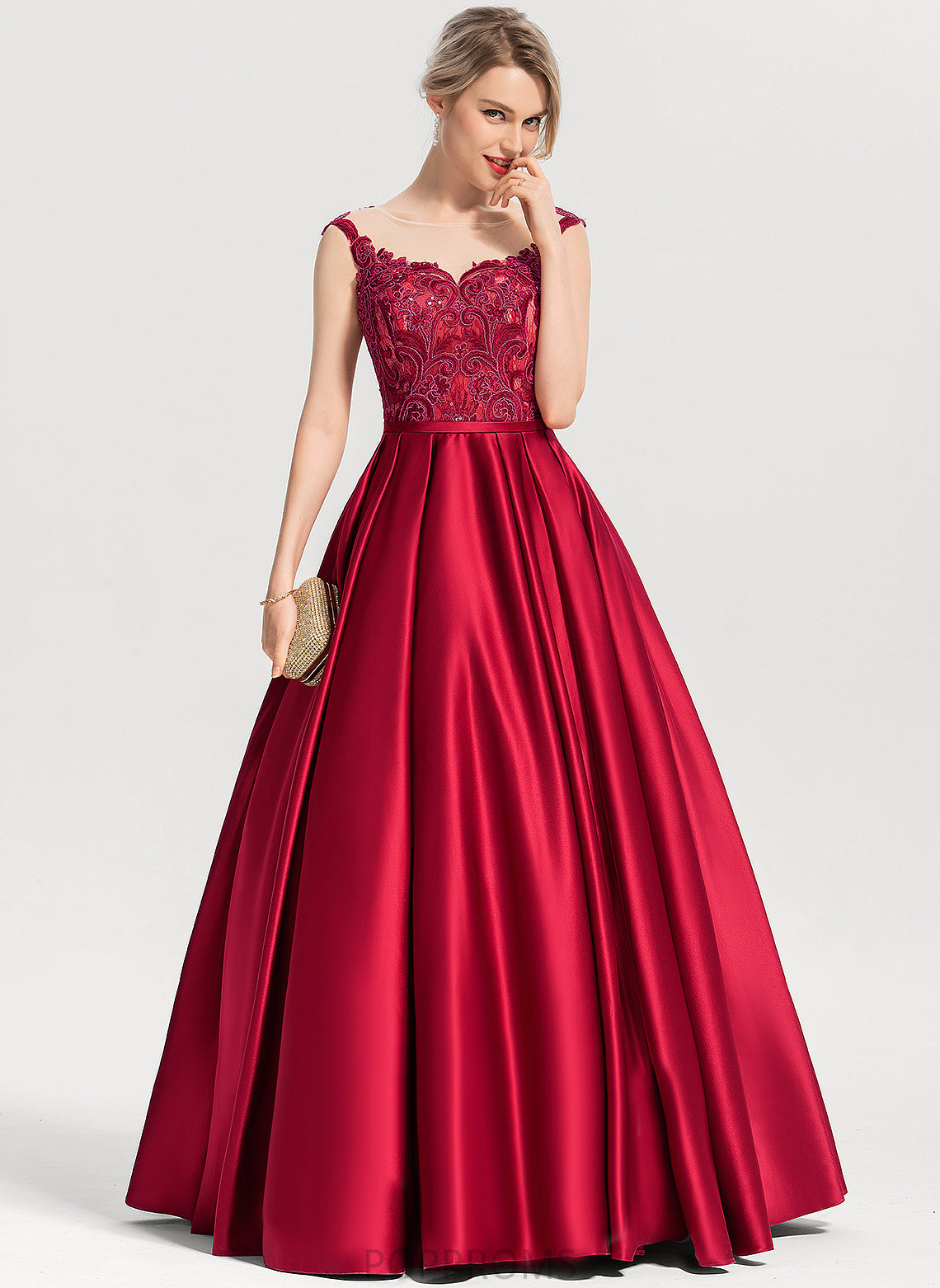 With Scoop LuLu Floor-Length Sequins Satin Lace Prom Dresses Ball-Gown/Princess