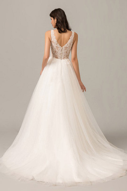 A Line Court Train V Neck Sleeveless Layers Wedding Dresses