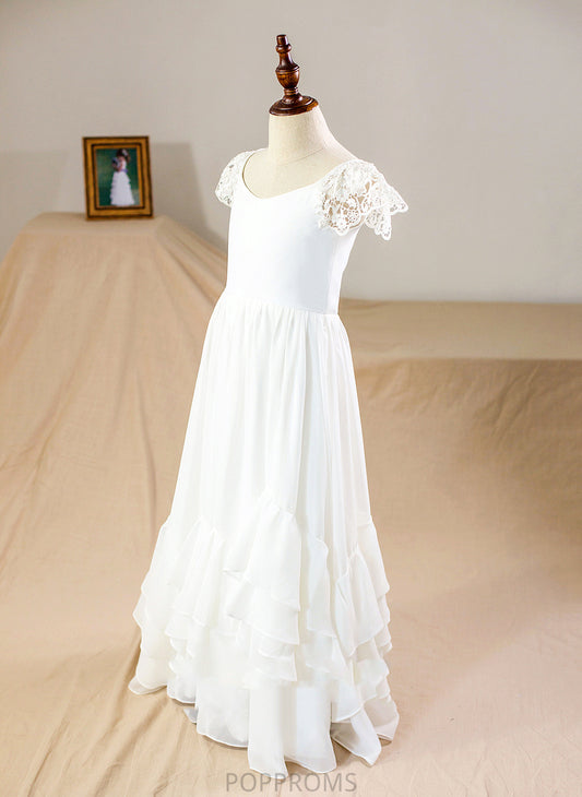 With - Neck Flower Lace Sleeves Short A-Line Flower Girl Dresses Chiffon Dress Girl Floor-length Hayley Scoop