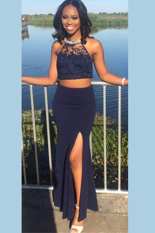 Two Piece Sheath Ankle Length Halter Sleeveless Side Slit Prom Dresses