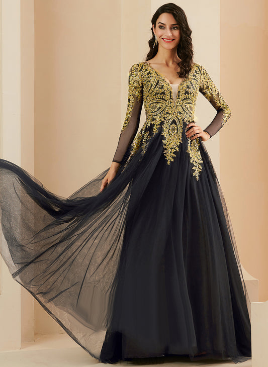 Prom Dresses Ball-Gown/Princess Sequins Aiyana V-neck Lace Sweep With Train