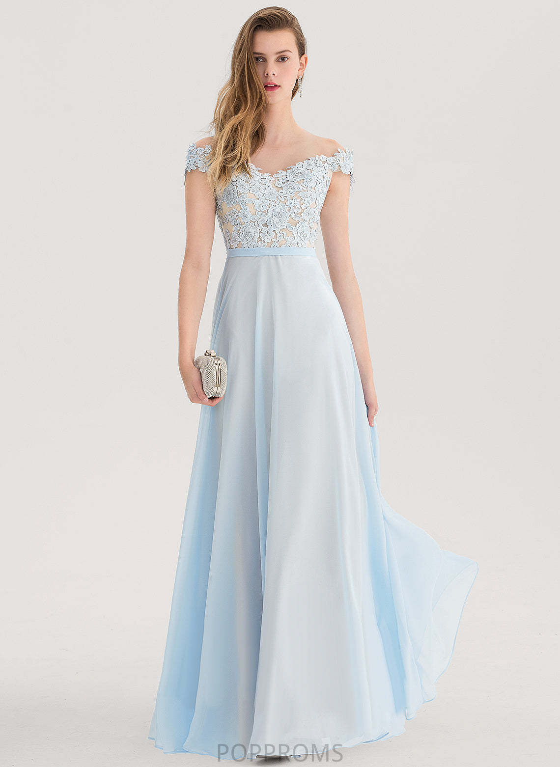 Chiffon Lace Beading Sequins With A-Line Floor-Length Prom Dresses Marin Off-the-Shoulder