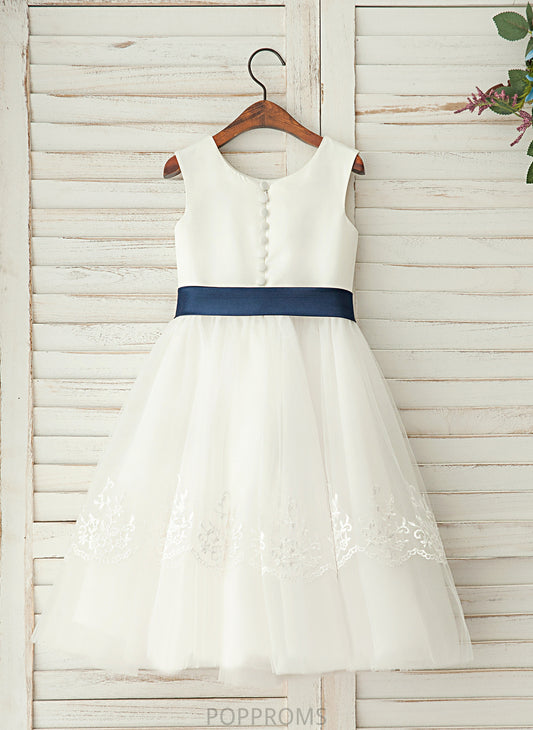 Satin/Lace Flower Girl Dresses Scoop Girl - Flower A-Line/Princess Neck Tea-length Dress Sash Jada With Sleeveless