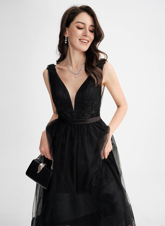 Asymmetrical With Lace A-Line Cocktail V-neck Sequins Dress Tulle Elisabeth Cocktail Dresses