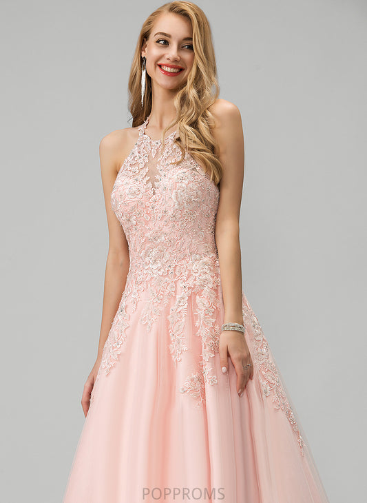 With Sequins Ball-Gown/Princess Beading Elaina Floor-Length Scoop Tulle Prom Dresses