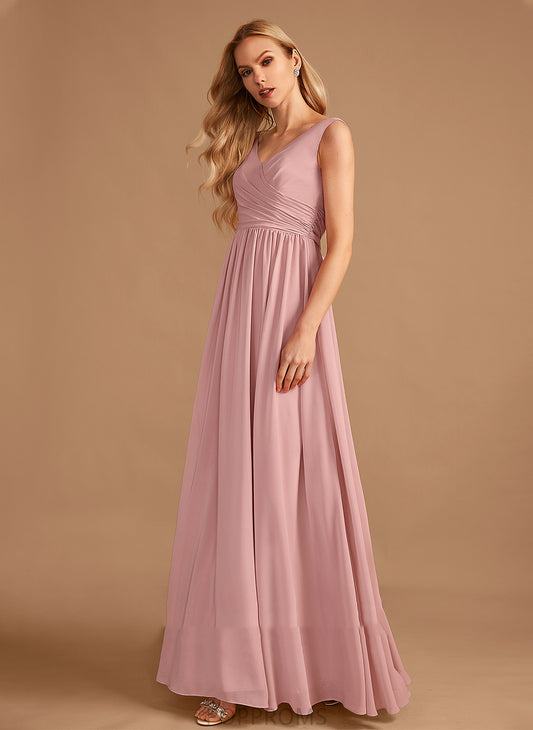 A-Line Length V-neck Silhouette Embellishment Fabric Neckline Ruffle Floor-Length Bow(s) Pat Sleeveless Bridesmaid Dresses