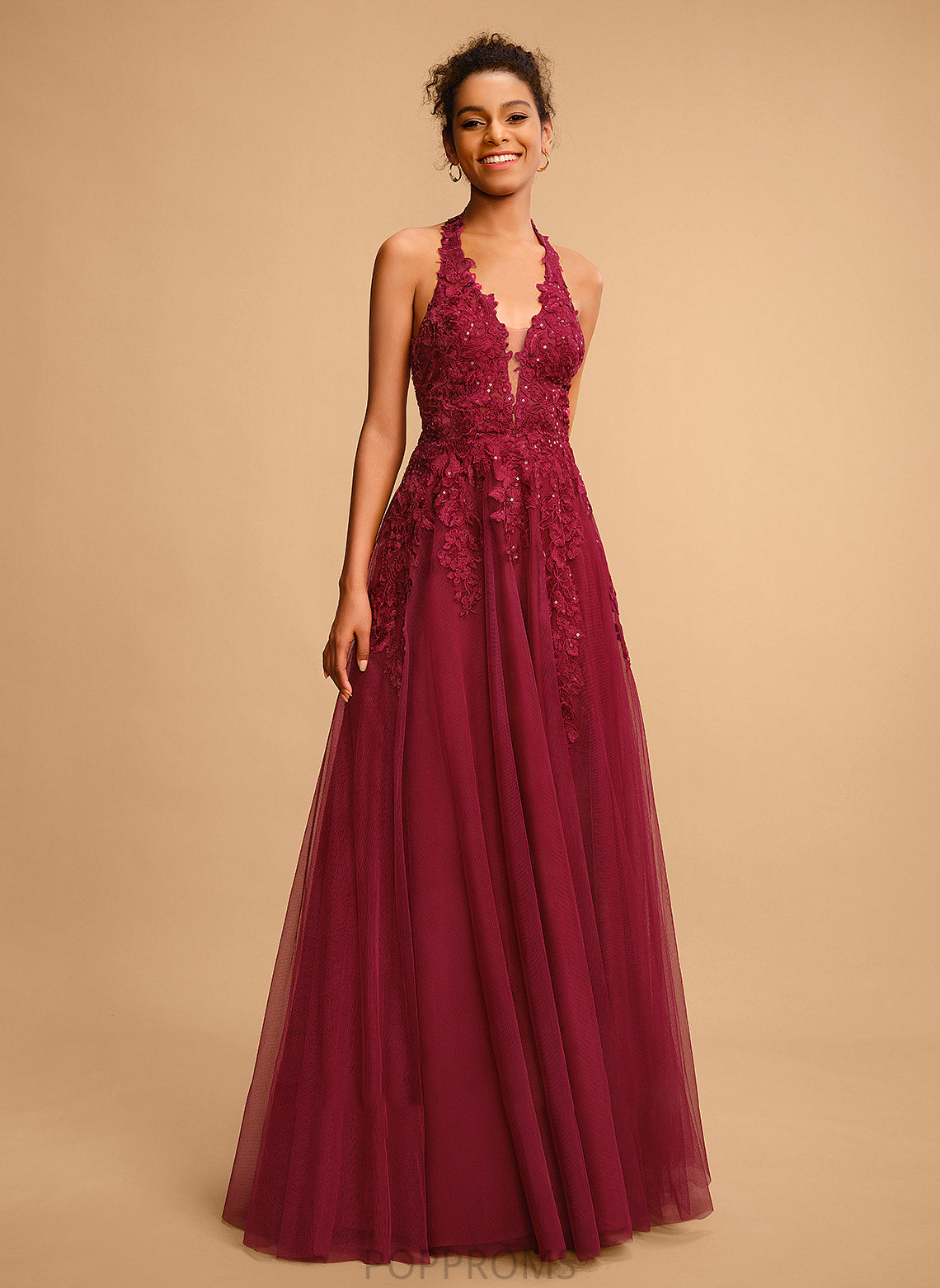 With Ball-Gown/Princess Marcia Floor-Length Tulle Sequins Halter Lace Prom Dresses