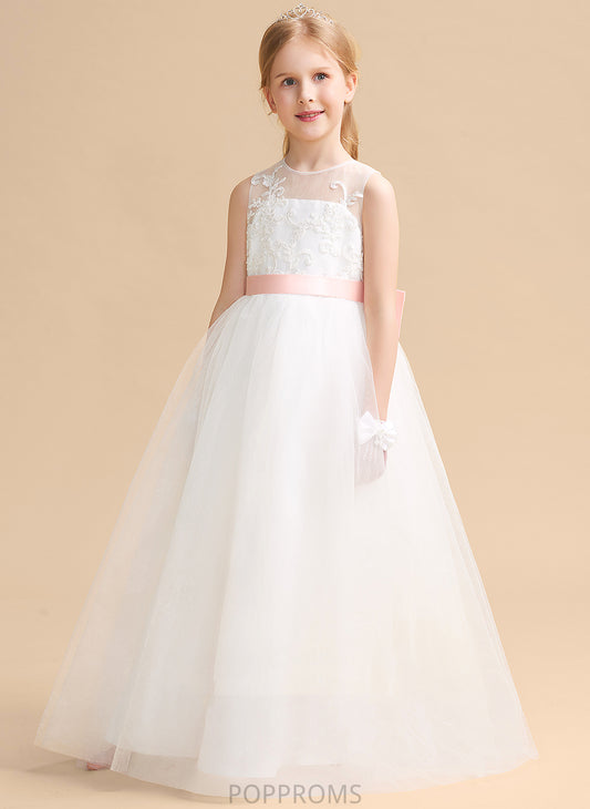 sash) Flower Girl Dresses Satin/Tulle/Lace Flower Neck Floor-length Scoop Bow(s) With A-Line - Sleeveless Dress (Undetachable Girl Kali