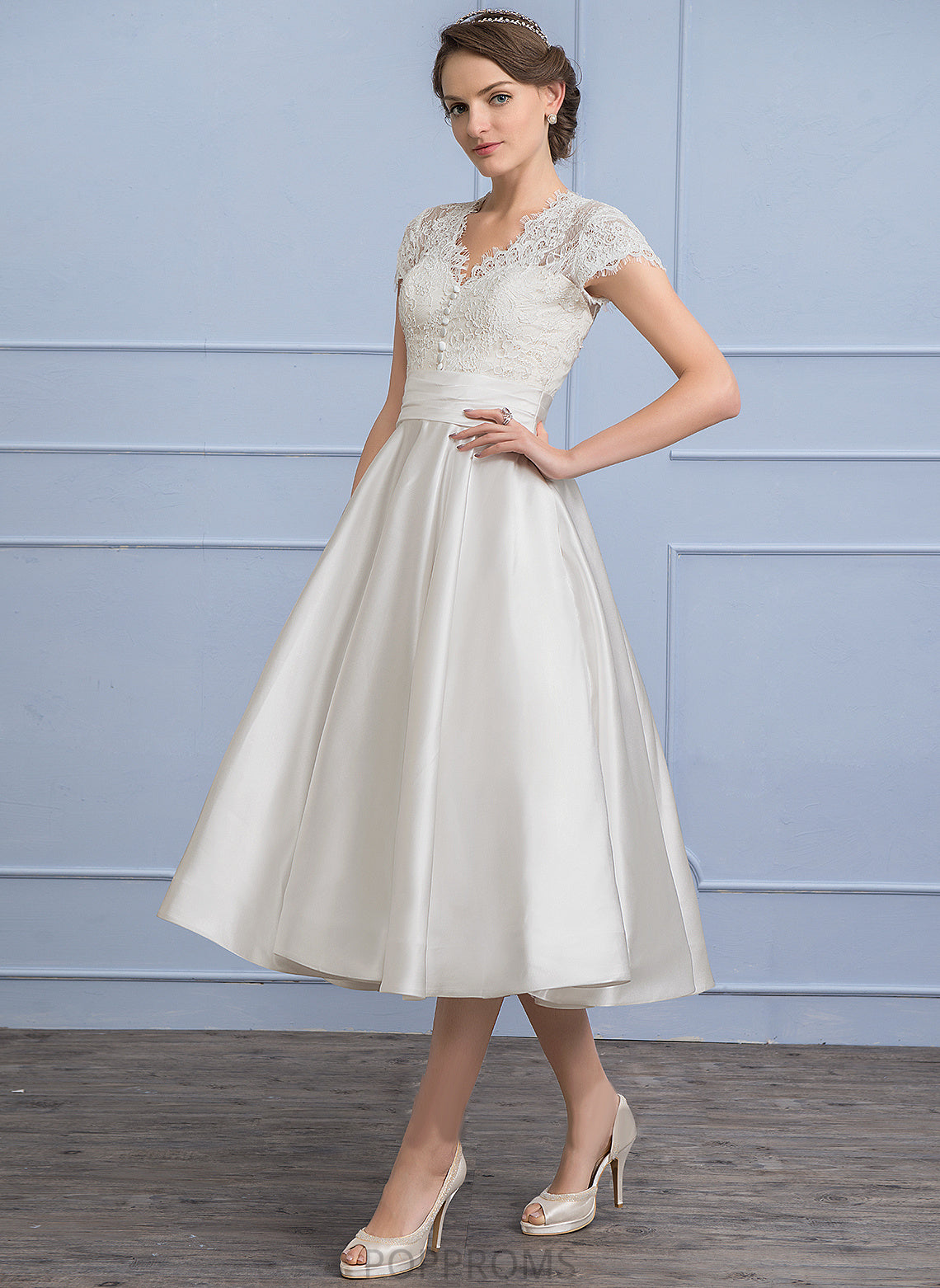 Wedding Londyn Pockets V-neck Wedding Dresses Satin Dress With Ruffle Lace Tea-Length A-Line