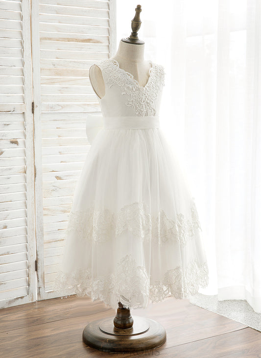 Bow(s)/V With Flower Girl Dresses A-Line Dress Tea-length Girl V-neck Kasey Back Sleeveless Tulle/Lace - Flower