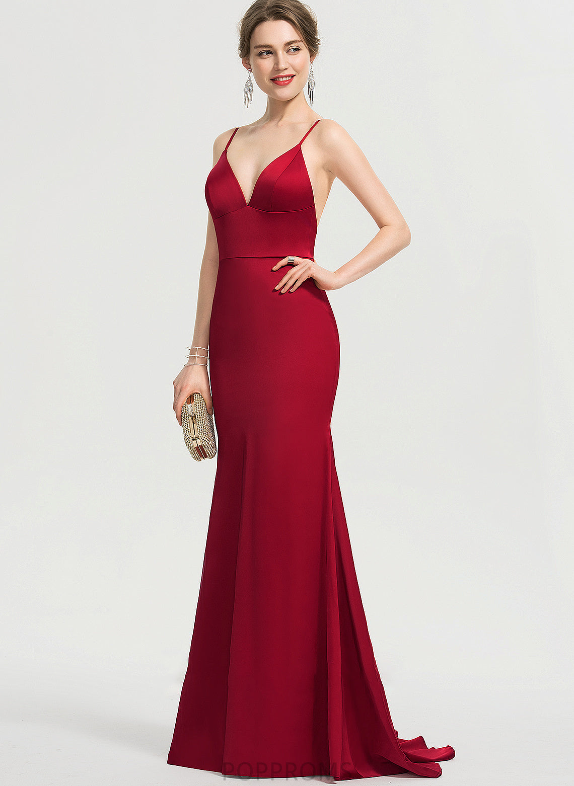 Satin Train Sweep Donna Trumpet/Mermaid V-neck Prom Dresses