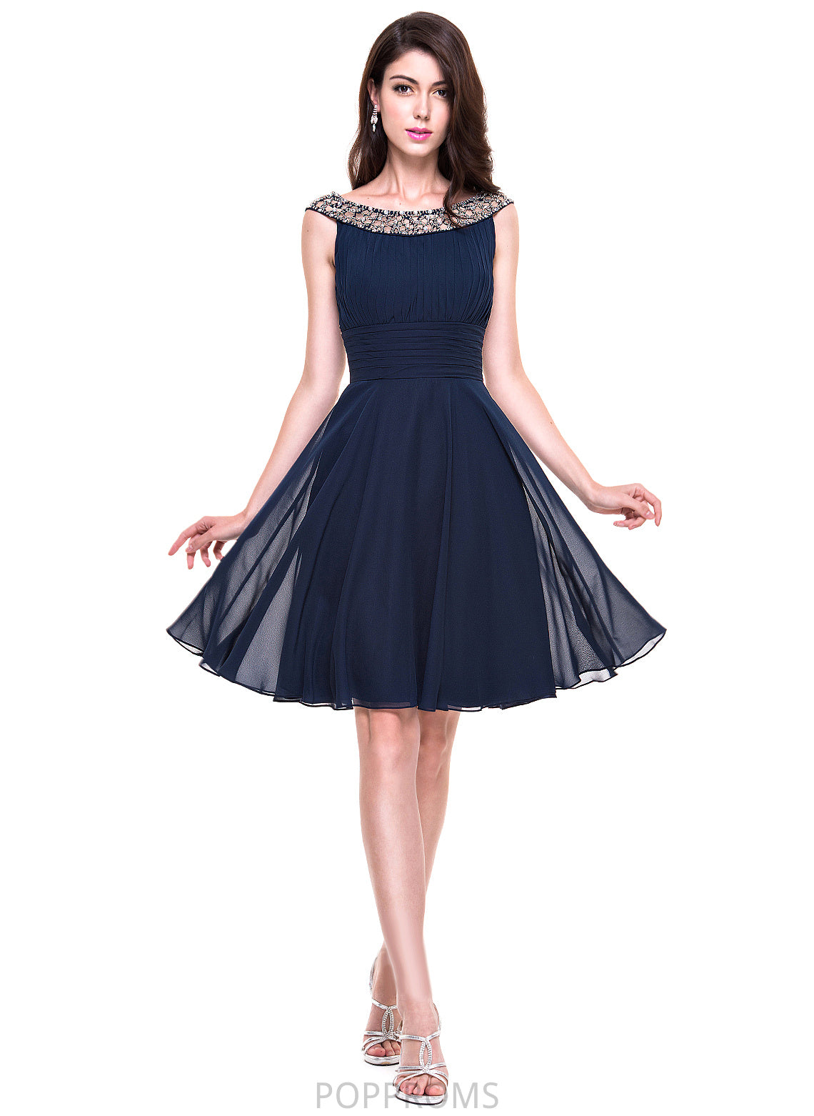 Adrienne Dress Beading Knee-Length A-Line Neck Chiffon Scoop Ruffle Cocktail Dresses With Cocktail