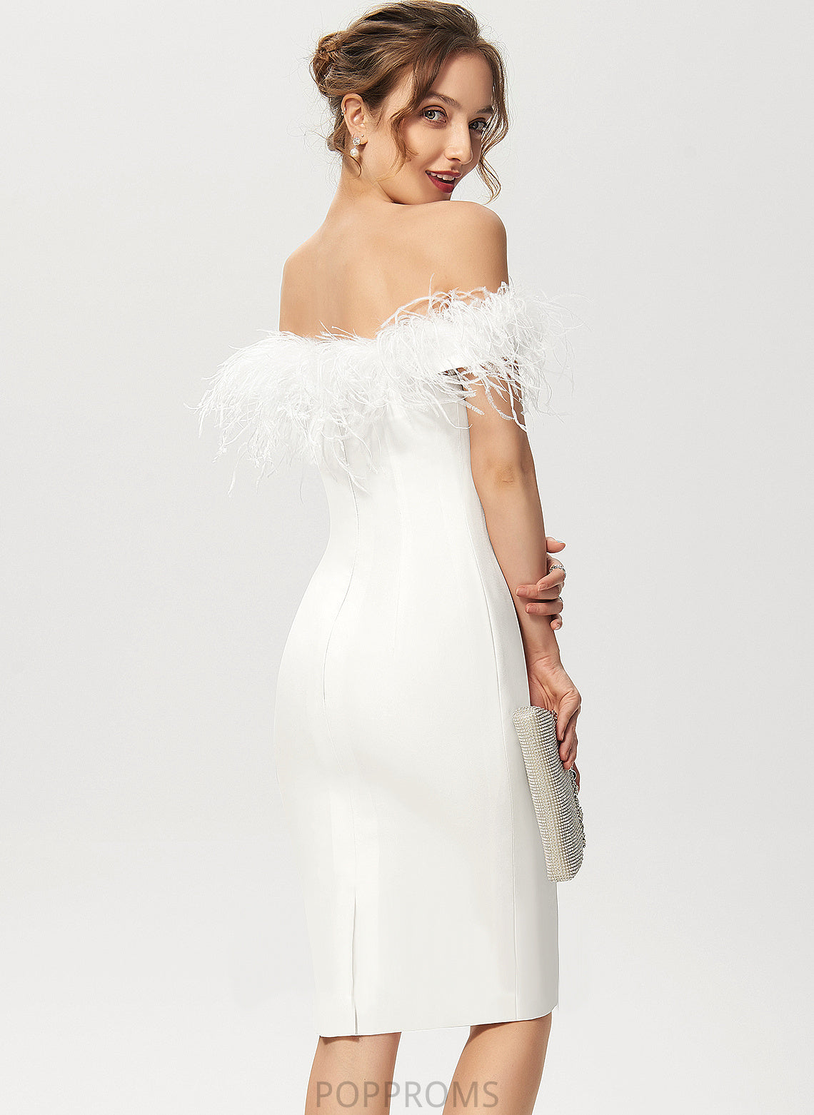 Knee-Length Cocktail Dresses Cocktail Crepe Feather Stretch Kennedi Dress Off-the-Shoulder Sheath/Column With