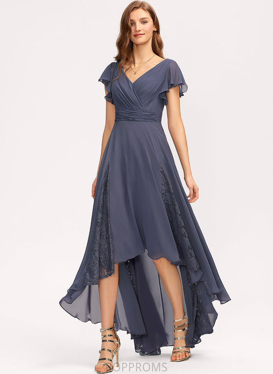 Asymmetrical Ruffle With Lace Cocktail Dresses A-Line Cocktail Ingrid V-neck Chiffon Dress