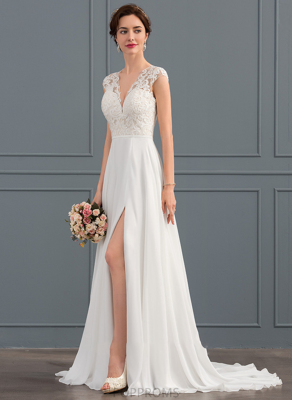 Wedding Dresses Wedding Sweep Dress V-neck Chiffon Piper Train A-Line Split Front With