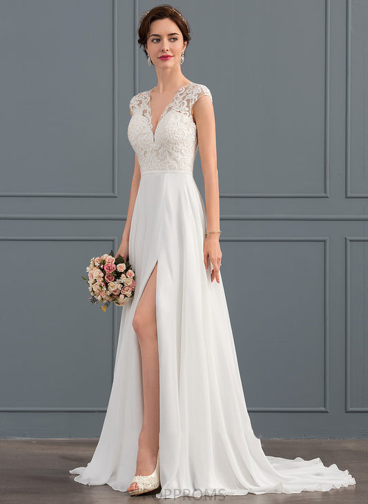 Wedding Dresses Wedding Sweep Dress V-neck Chiffon Piper Train A-Line Split Front With