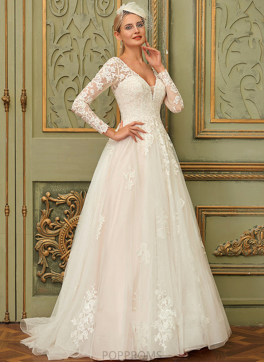 Lace Wedding Tulle Dress Katharine Court V-neck Ball-Gown/Princess Train Wedding Dresses