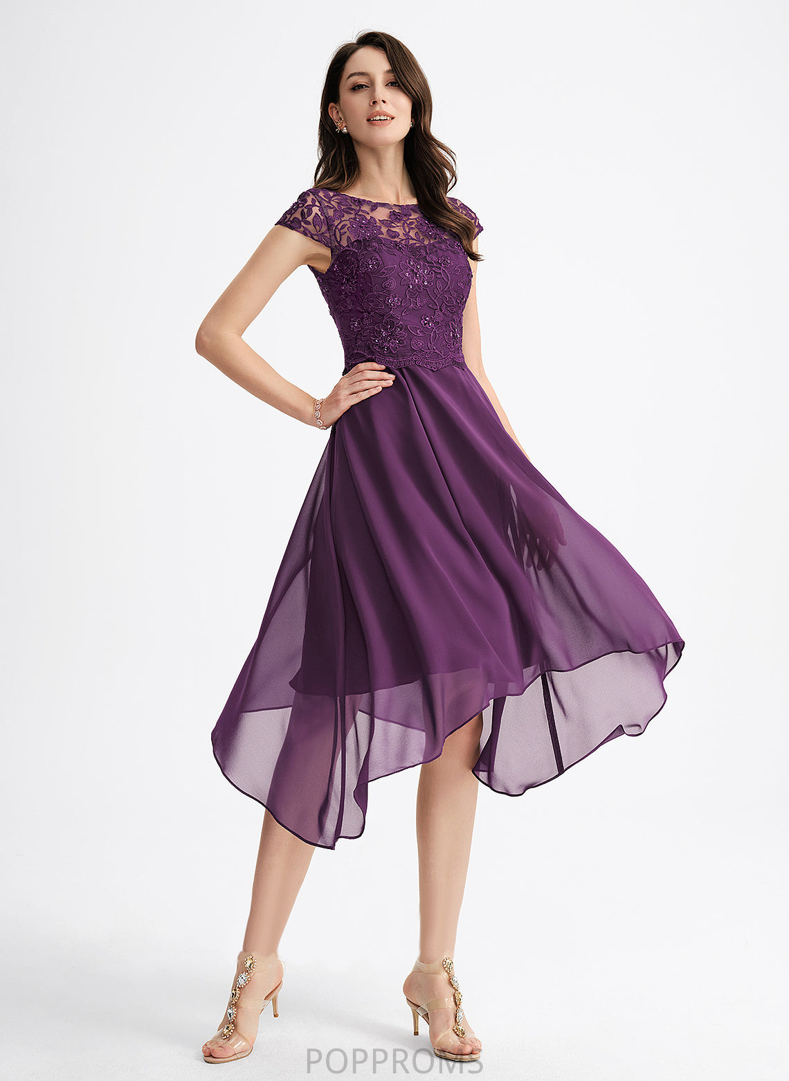 Chiffon Beading A-Line Dress Sequins Cocktail Neck Scoop Asymmetrical Lace Cocktail Dresses Giada With