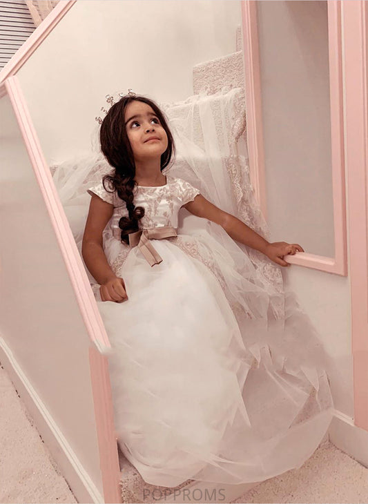 Neck Scoop Flower Girl Court Melina Sleeves Tulle/Lace Ball-Gown/Princess With Bow(s) Train - Short Dress Flower Girl Dresses