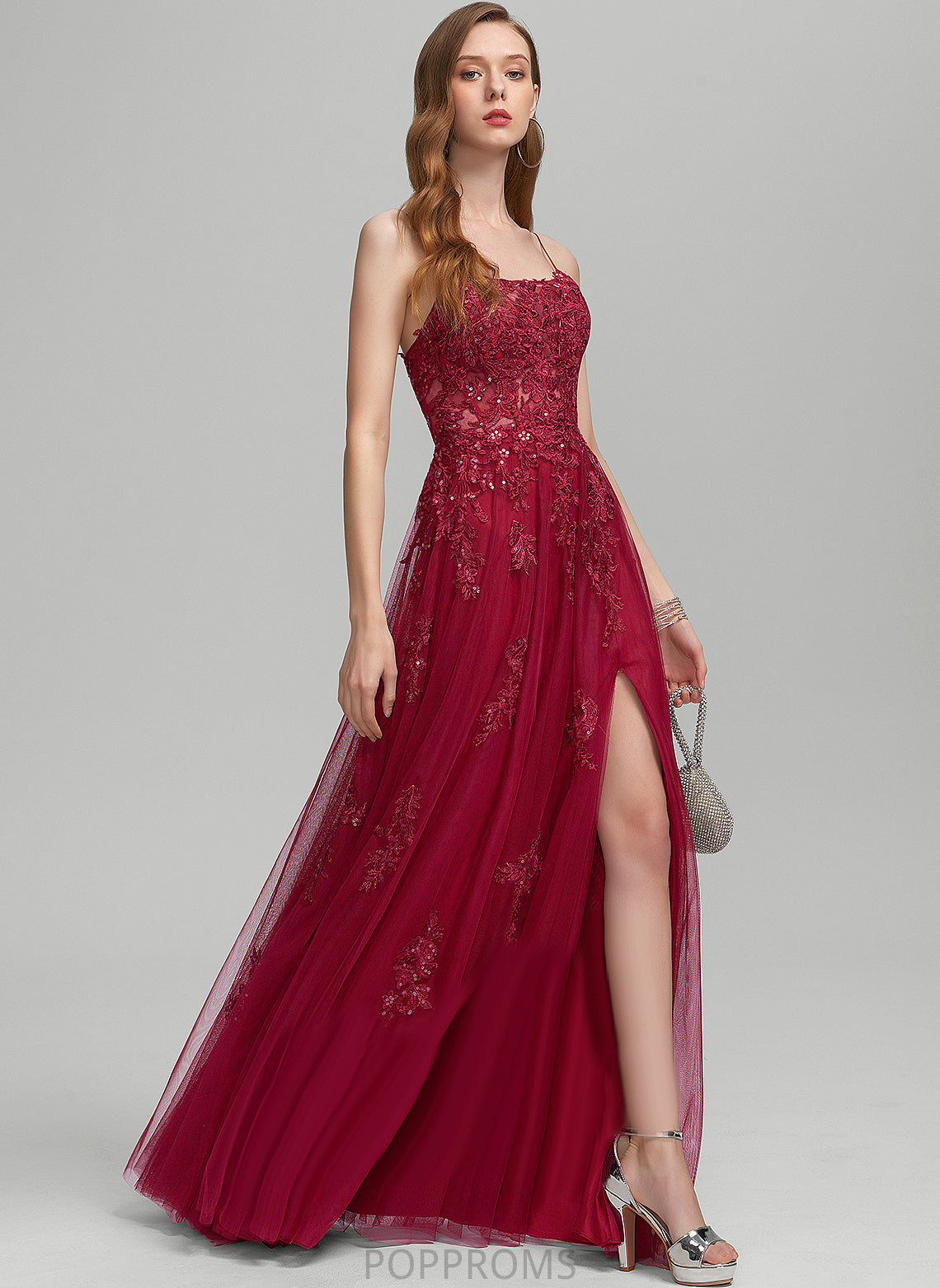 Prom Dresses Square Floor-Length With Lace Tulle Sequins A-Line Cristal