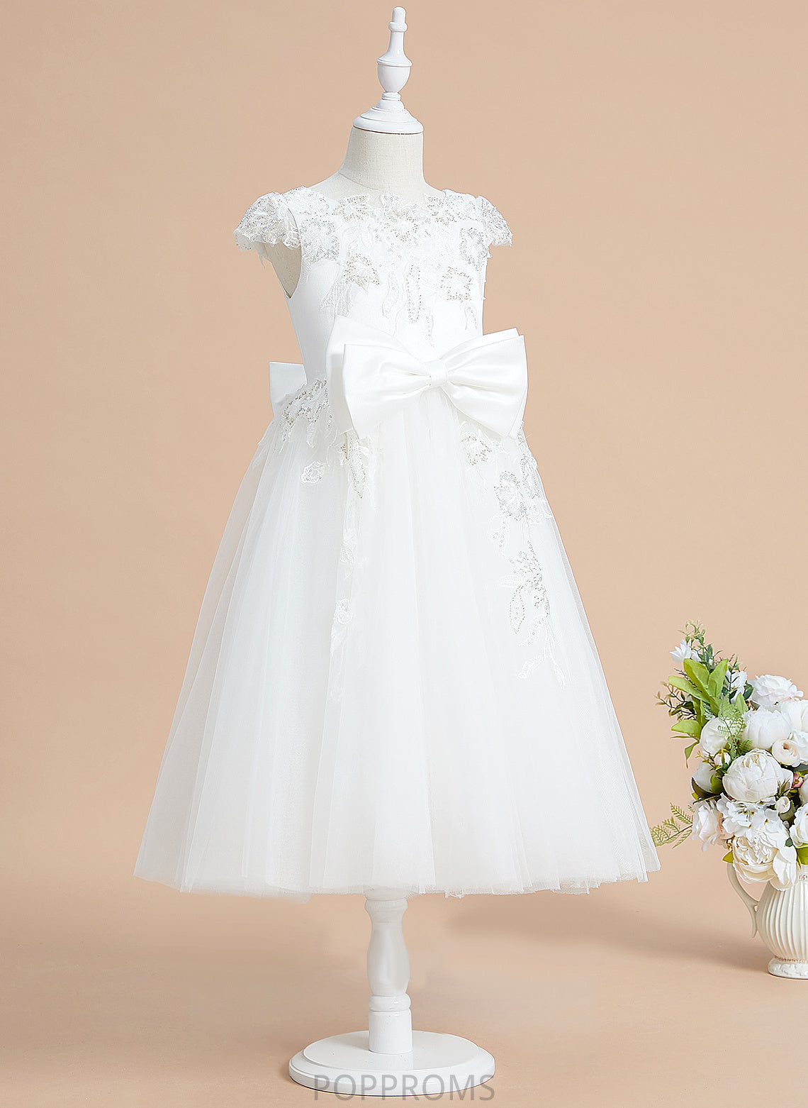 Short Scoop Sequins/Bow(s) Sleeves Dress Tulle/Lace Flower Girl Dresses Girl Neck Flower With A-Line - Tea-length Marina