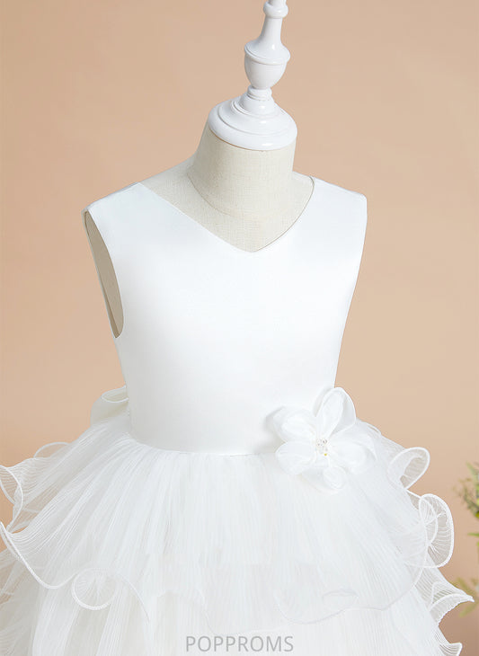 Flower Tea-length Girl Kira With Ball-Gown/Princess Dress V-neck Sleeveless - Flower Girl Dresses Bow(s) Satin/Tulle