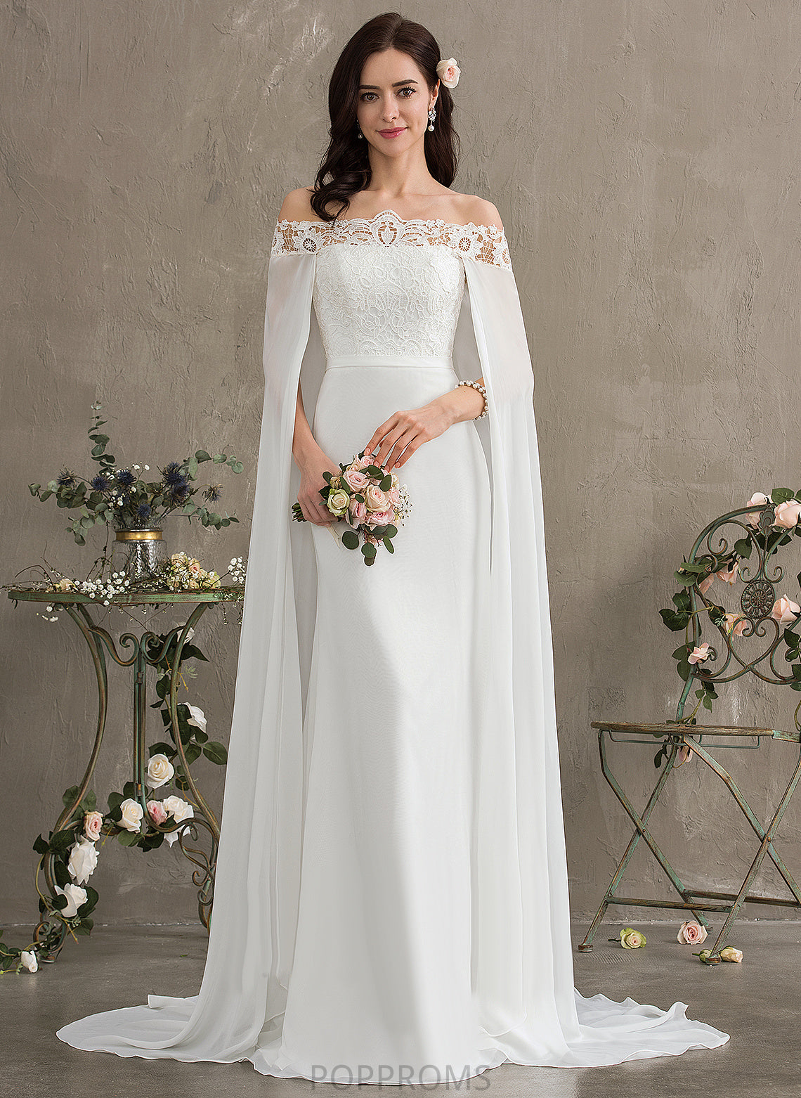 Lace Dress Lace Train Sheath/Column Wedding Dresses Gianna Chiffon With Court Off-the-Shoulder Wedding