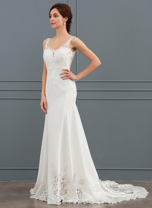 Stretch Lace Court Crepe Wedding Dresses V-neck With Sequins Trumpet/Mermaid Wedding Train Dress Nylah