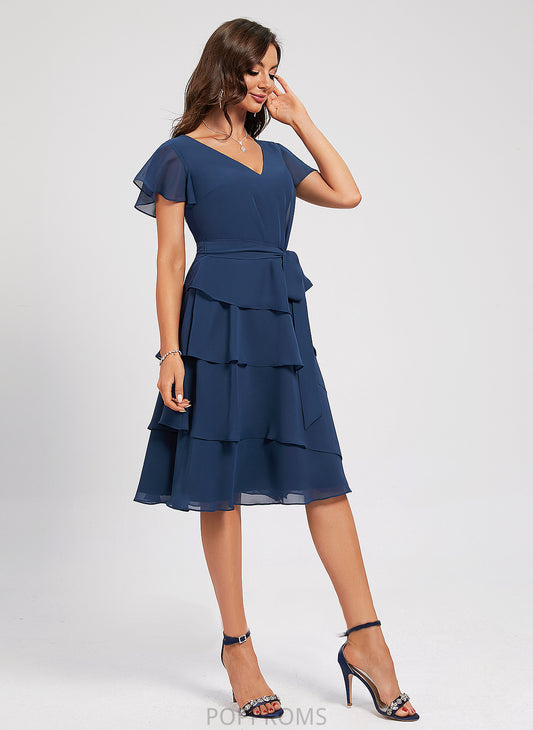 Cocktail Dresses Sash Renata A-Line Chiffon V-neck Knee-Length Dress With Ruffle Cocktail