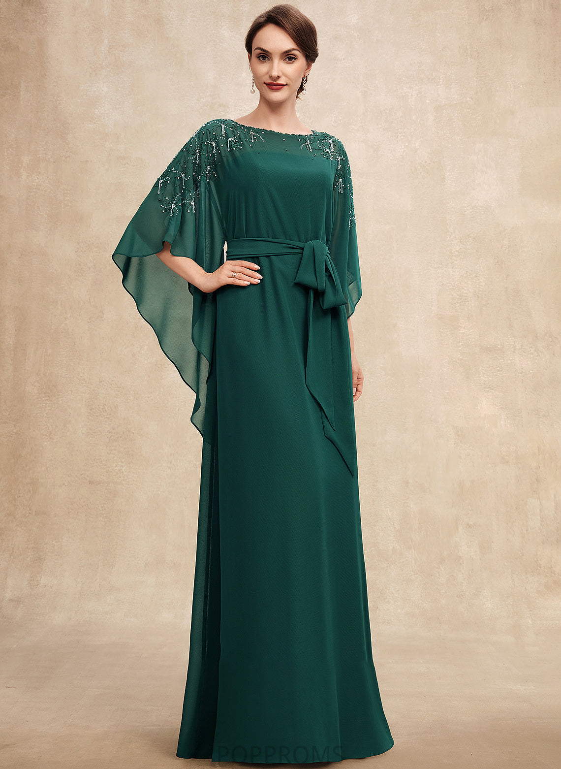 With the Bride Bow(s) Dress A-Line Mother Neck Scoop of Floor-Length Chiffon Beading Millie Mother of the Bride Dresses