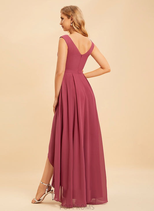 Neckline Ruffle A-Line Fabric Silhouette Embellishment V-neck Length Asymmetrical Kaia Natural Waist Spaghetti Staps Bridesmaid Dresses